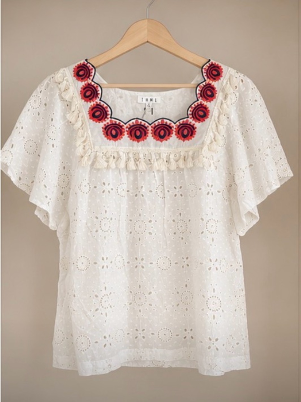 THML White Eyelet Embroidered Boho Peasant Top Red Floral Trim Small